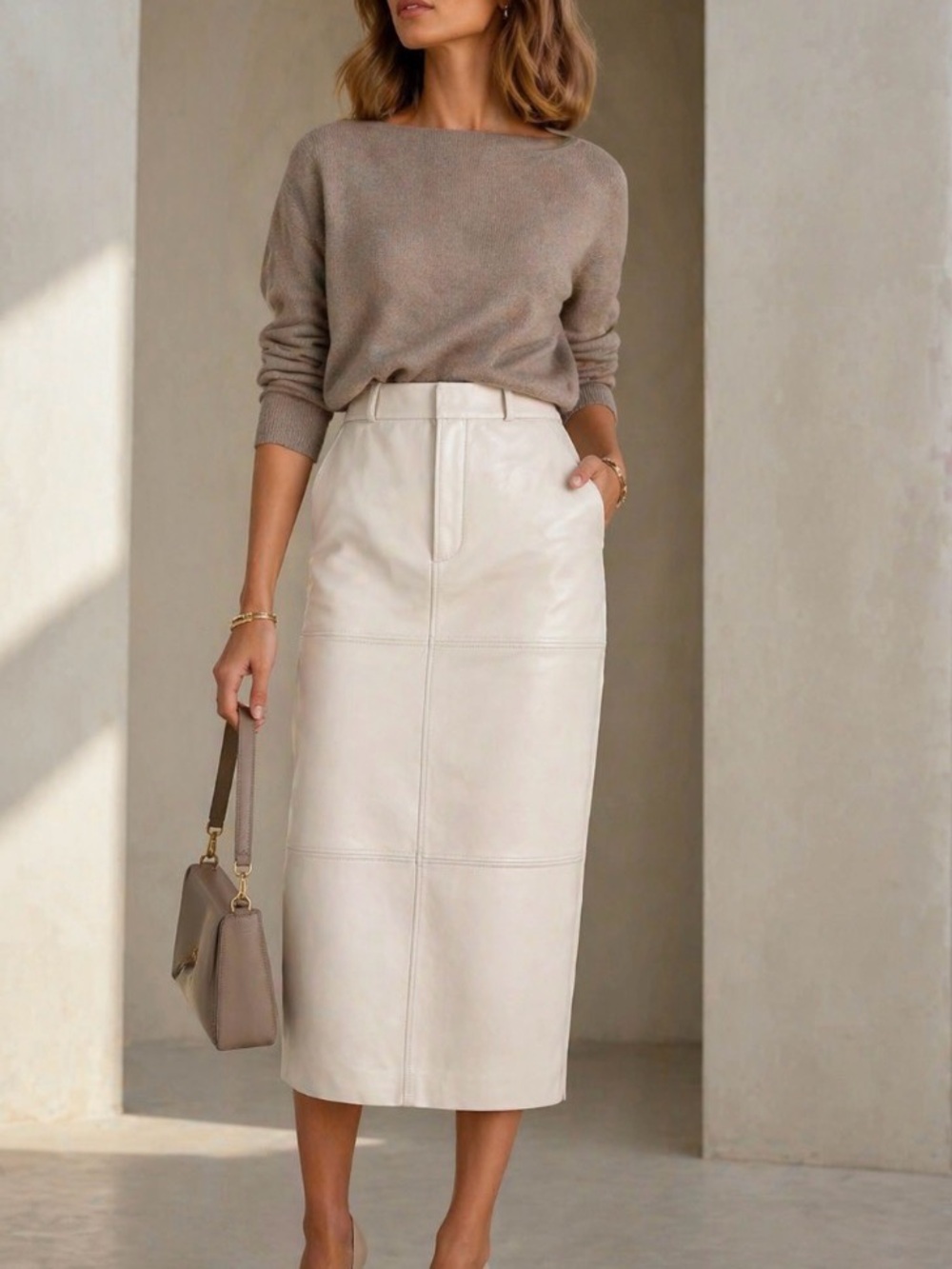 Reformation Cream Leather Midi Pencil Skirt